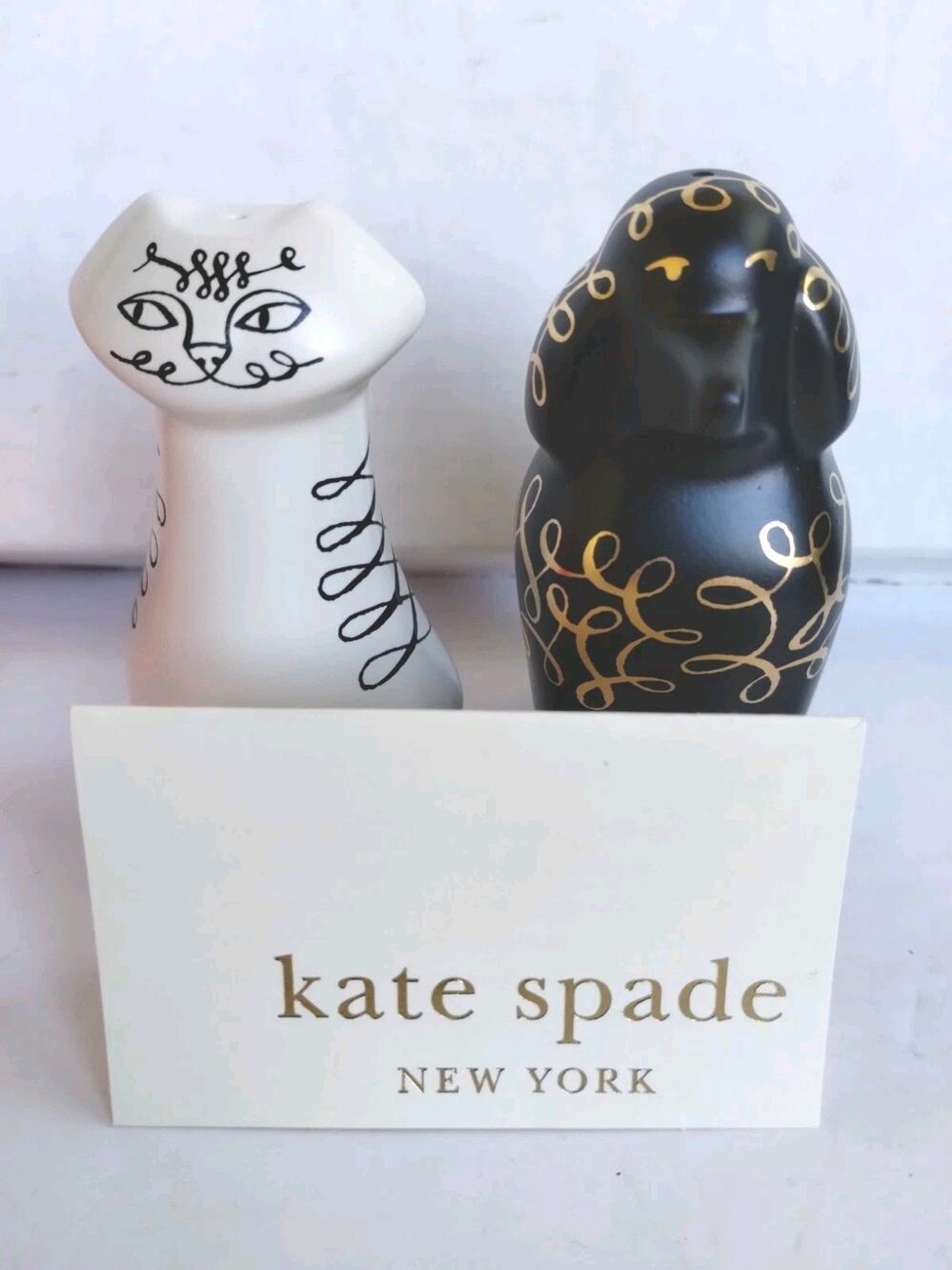Kate Spade Lenox NEW Woodland Park Cat Dog BLACK WHITE GOLD Salt Pepper Shakers